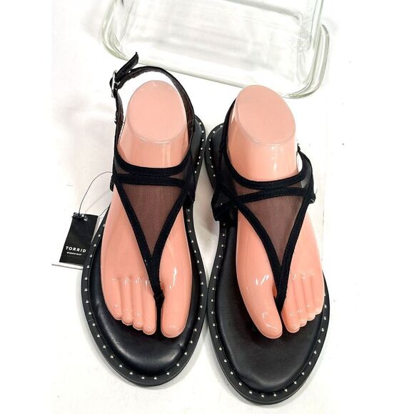 Torrid Mesh T Strap Thong Sandals Sz 8.5 W Wide Black Studded Ankle Strap - Picture 3 of 11